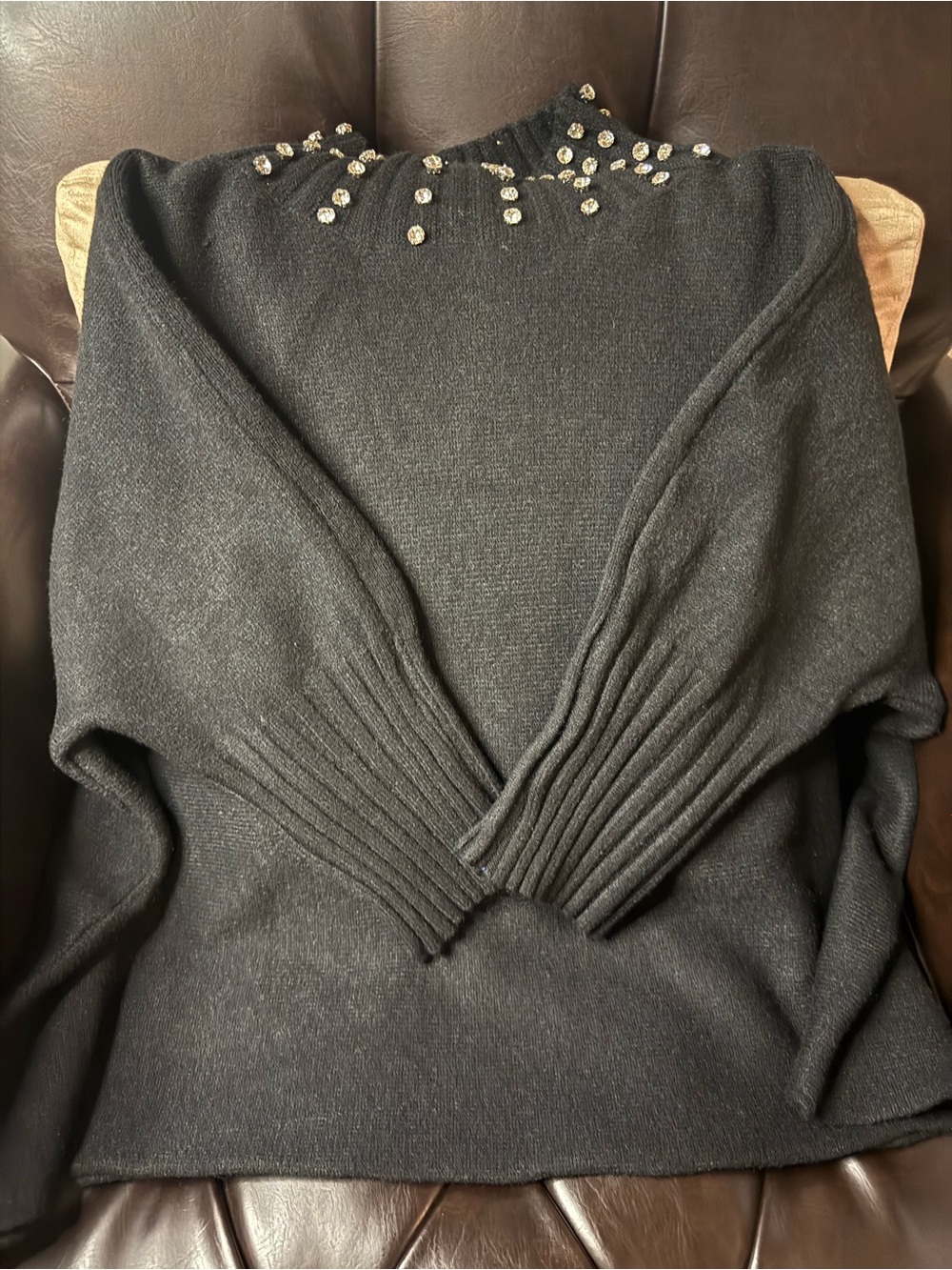 NWT Rain + Rose Black Rhinestone Embellished Mock Neck Poncho/Sweater-Sz XL